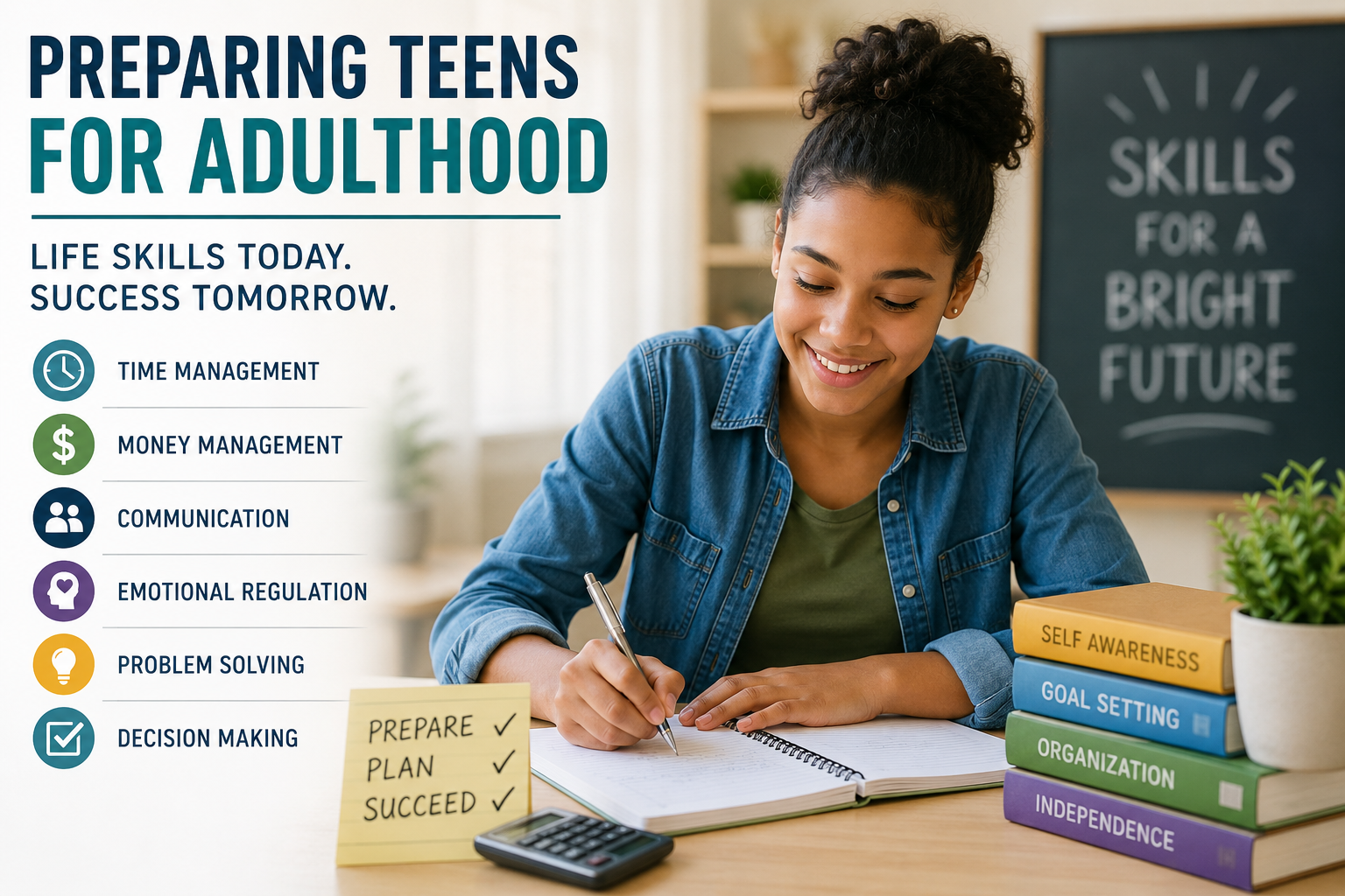 Teen learning life skills and adult readiness skills for independence and future success.